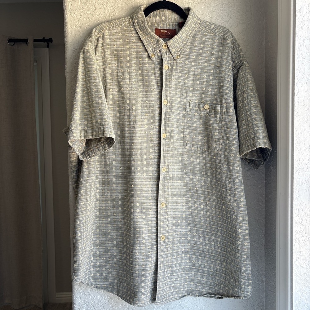 Men 2XL Short Sleeve Button Down Blue Boho Textured Cotton Shirt Vacation